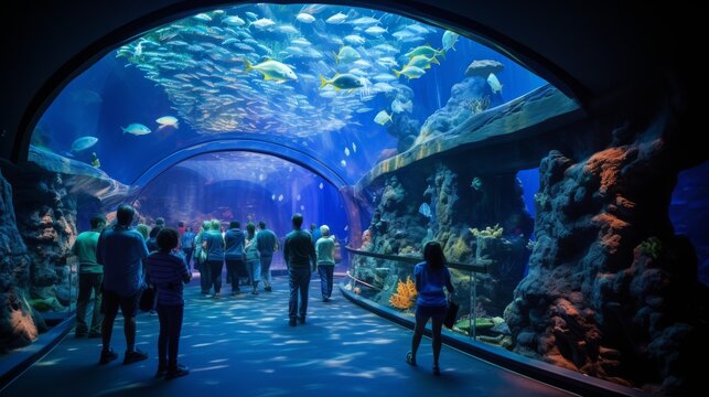 A tour of tourists in a giant aquarium. People admire beautiful fish swimming in clear water through a glass panel. Marine life, Entertainment and fun weekend concepts.