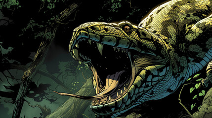 Fierce reptile illustration in a lush forest.