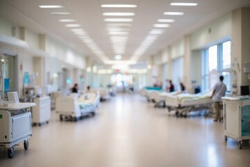 Naklejka na ściany i meble Blurred image of hospital corridor with patient bed and blurred background.