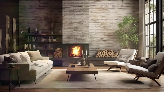 stylish living room interior with wooden floor brick. modern living room. seamless looping overlay 4k virtual video animation background 