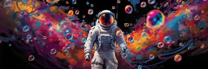 AI-Generated Astronaut Exploring Vibrant Cosmic Landscape: A Surreal Pop Art Odyssey