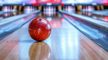 Bowling ball rolling towards pins at the end. - obrazy, fototapety, plakaty