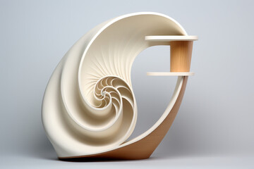 Create a full body shot of a shelf inspired by the abstract shape of a nautilus, with a simple and elegant design, front and close-up view, isolated on a white background.