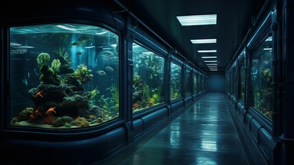 The interior of a large aquarium with marine life. Sightseeing, Travel, Entertainment and fun...