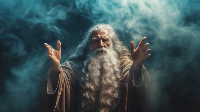 Mystical old man with white beard in blue smoke. - Powered by Adobe