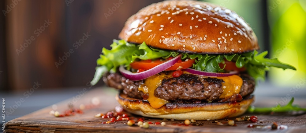 Wall mural Close-up of a homemade burger with cheese, lettuce, onion, and dressing on a cutting board.