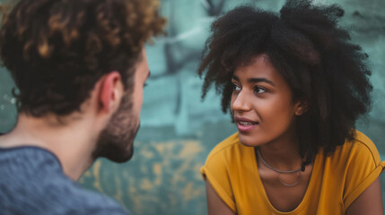 Young couple engaged in a deep conversation.