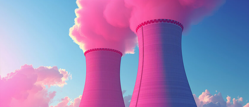 Nuclear power plant cooling towers with steams in nostalgic retro pink under beautiful blue sky. Clean renewable green energy concept. 
