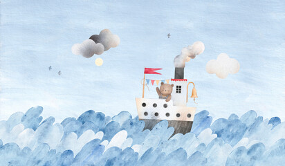 Cute steamboat travels on the waves. Bear on a ship at sea. Horizontal banner. Blue sky. Watercolor illustration.
