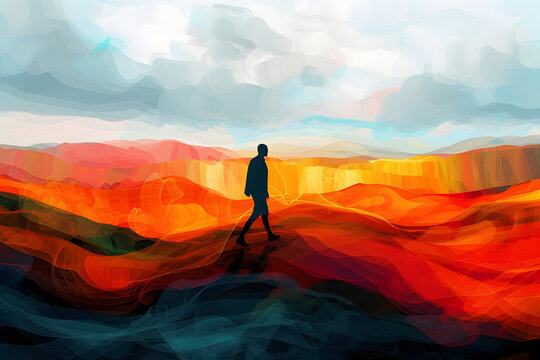 抽象的な水彩画、丘を歩く人