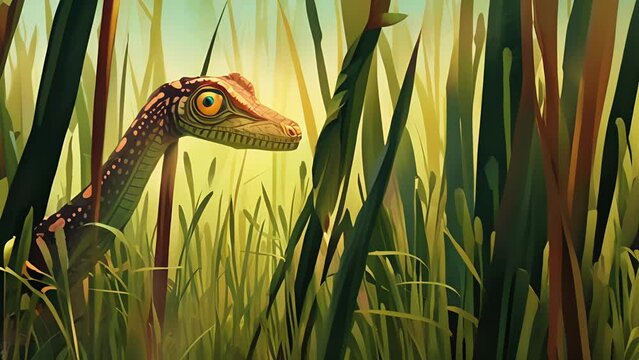 In the foreground a tiny Coelophysis peers out from behind tall reeds its colorful body blending in with the vibrant greens and browns of the ecosystem.
