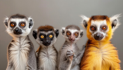 Group Portrait of Four Different Lemur Species - obrazy, fototapety, plakaty