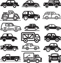 Sets of silhouette cars and on the road vehicle icon in isolated background, vector