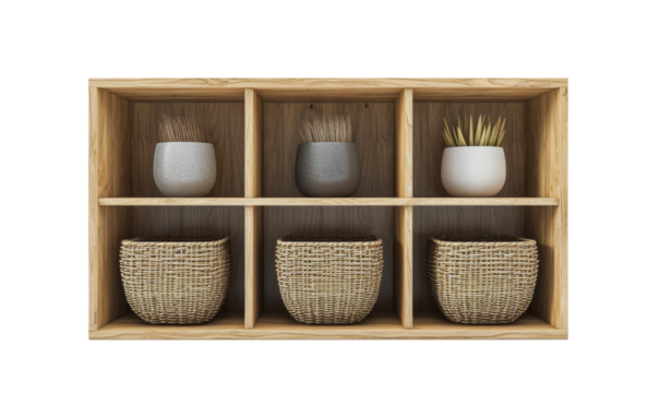 Modern cube shelf with wicker baskets and neutral-toned pots.