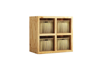 Modern wooden cube shelf with wicker baskets.