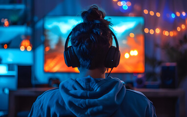 person with headphones, Gamer  immersed in video game