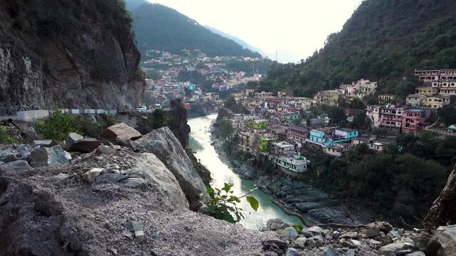 Uttarakhand. India. 23rd Jan2022. Karnaprayag City view with Alaknanda River valley.Karnaprayag is one of the Panch Prayag of Alaknanda River