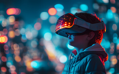 Portrait of kid schoolboy in VR virtual reality headset