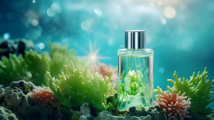 Collagen extract cosmetics of sea plants for product mockup. Algae plant essence with sea water cosmetic bottle with sea salt. Underwater mock up background.