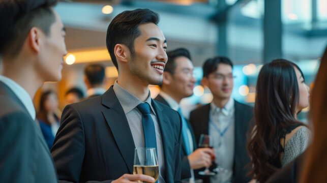 Young Asian man drinking with friends and colleagues at party. Images of welcome parties, farewell parties, and year-end parties for newcomers.