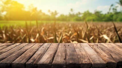 The empty wooden brown table top with blur background of sugarcane plantation. Exuberant image. generative AI - obrazy, fototapety, plakaty