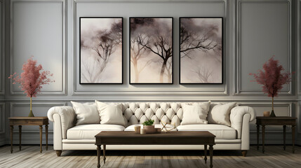 Elegant White Sofa with Moulding in Living Room, Big Mockup Poster Frames - obrazy, fototapety, plakaty