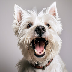 close up of a West Highland White Terrier barking and showing its tongue. Ai generated