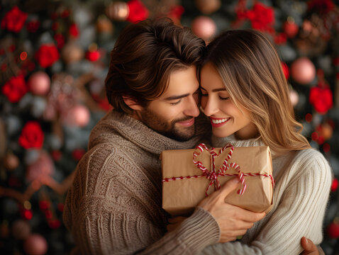 Thank you, love. Young couple celebrating their special date. Woman giving present to her boyfriend on anniversary or St Valentines Day. Happy man thanking his girlfriend for cute Valentine gift
