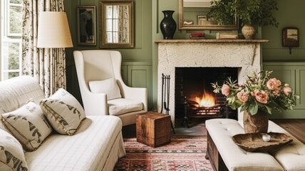 Antique cottage sitting room, green wall living room interior design and country house home decor, sofa, fireplace and lounge furniture, English countryside style