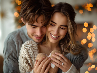 Thank you, love. Young couple celebrating their special date. Woman giving present to her boyfriend on anniversary or St Valentines Day. Happy man thanking his girlfriend for cute Valentine gift