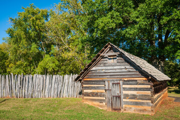 Fototapeta na wymiar A Cabin at Ninety Six National Historic Site, Old Ninety Six and Star Fort in South Carolina