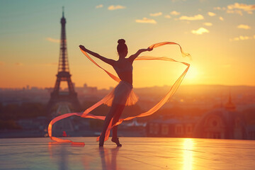 Gymnast performing with ribbon  in Paris on sunset  eiffel tower in the background ai generated art.  - obrazy, fototapety, plakaty