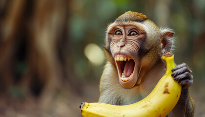 Delighted Monkey with a Banana in the Jungle