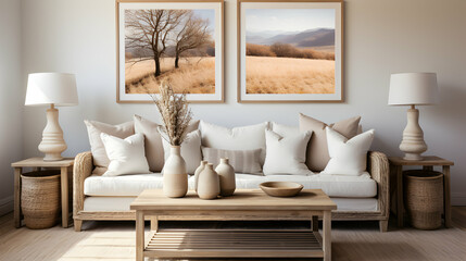 Fototapeta na wymiar Farmhouse Living: Large Frame Mockup Enhancing Rustic Charm with Cozy Sofa Setting.
