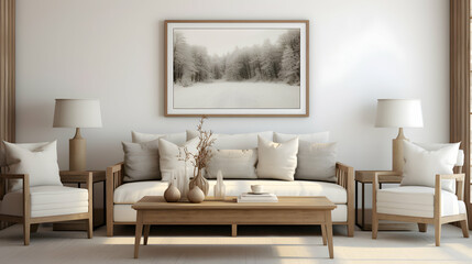 Fototapeta na wymiar Relaxed Elegance: Showcase Your Artwork in Farmhouse Interior with Spacious Sofa Setup.