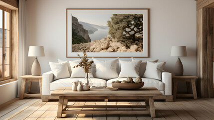 Fototapeta na wymiar Farmhouse Living Room with Oversized Frame Mockup and Plush Sofa.