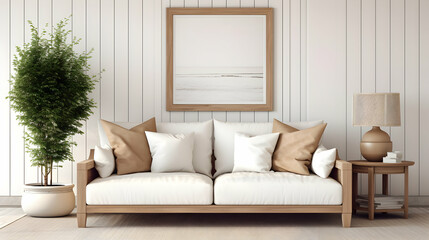 Big frame mockup on the wall in living room, sofa with pillows