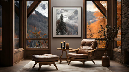 Big frame mockup on the wall in farmhouse living room, sofa with pillows, wooden house.