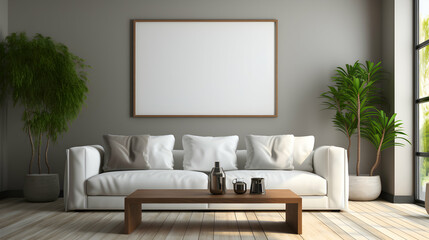 Elegant Home Interior: Big Painting Canvas as Mockup Frame, French Windows

