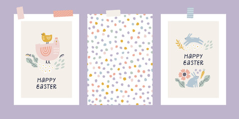 Happy Easter greeting cards set with cute rabbits, spring flowers and chick.