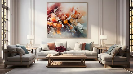 Fotobehang Large spacious living room in modern style with sofa armchairs. Large French windows on the sides. Big painting canva hanging on the wall that can serve as mockup frame for displaying graphics. © pawczar