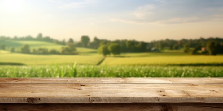 The empty wooden brown table top with blur background of farmland and blue sky. Exuberant image. generative ai