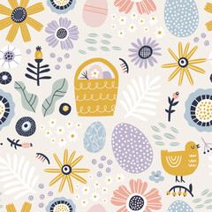 Seamless pattern with Easter symbols and different flowers. - 730664184