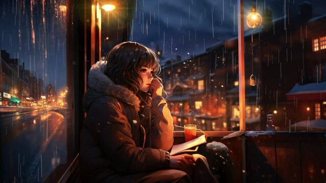 Lofi Girl enjoying tea in the cafe. Rainy or cloudy outside the window. Seamless looping video background animation.