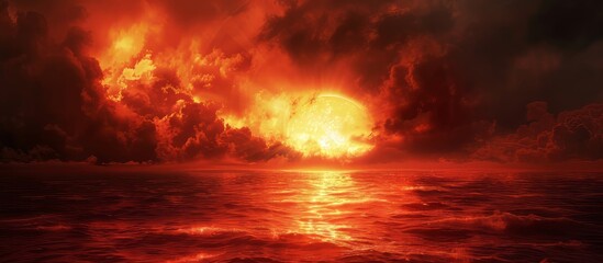Dramatic red sunset over the sea, signaling the end of the world on an abstract apocalyptic background.