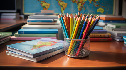Different colored school equipment on the table in a  classroom, concept of education and knowledge