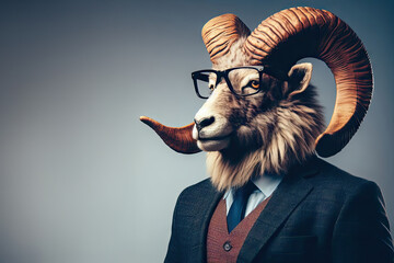 Portrait of ram in a business suit, against the background - obrazy, fototapety, plakaty