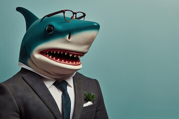 Anthropomorphic shark dressed in a suit and glasses like a businessman. Business Concept in retro style on background.