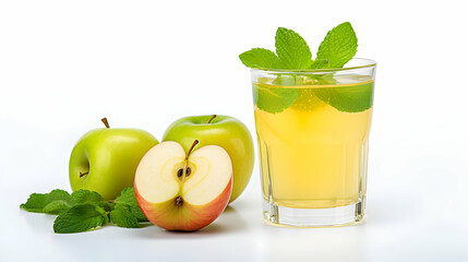 Apple juice with mint in a glass on a white isolated background.
