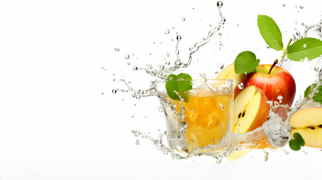 Water splashing, Glass of apple juice and mint and slices of fruit, juice splash isolated on white background with copy space, ad banner. 